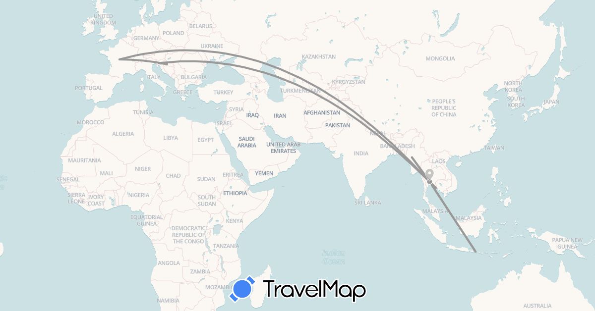 TravelMap itinerary: plane in France, Croatia, Indonesia, Myanmar (Burma), Slovenia, Thailand (Asia, Europe)